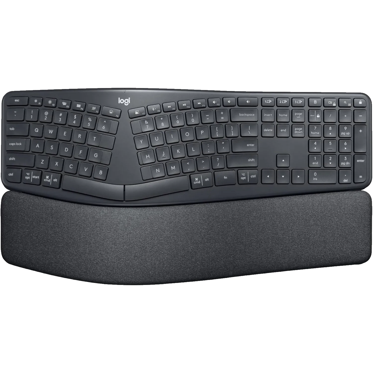 Góc nhìn tổng thể bàn phím không dây công thái học Logitech ERGO K860, tối ưu cho làm việc văn phòng và người dùng có nhu cầu đặc biệt.