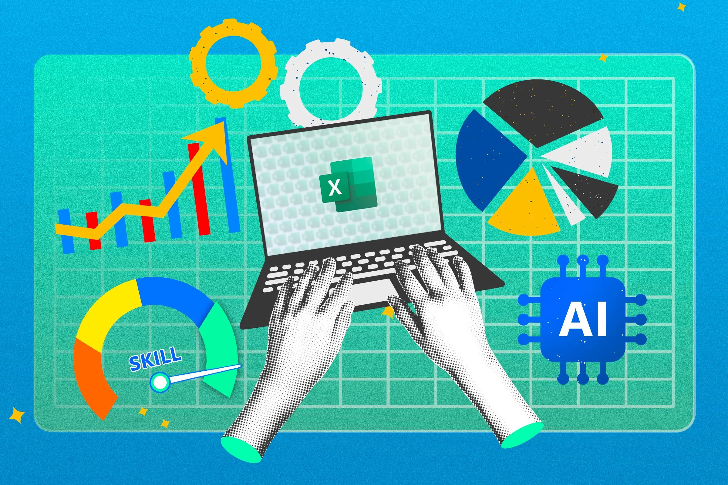 Hai tay đang sử dụng máy tính xách tay với logo Excel trên màn hình, biểu tượng cho việc làm việc hiệu quả và nhanh chóng với bảng tính.