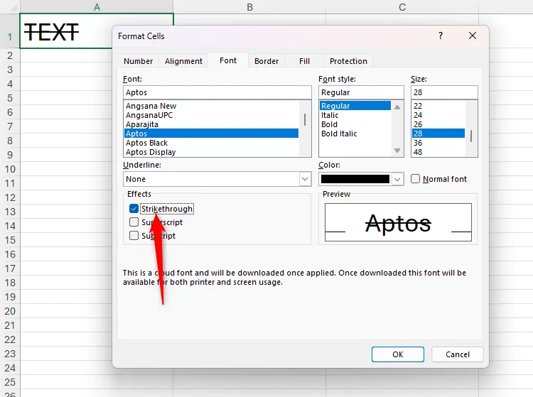 Hiệu ứng gạch ngang chữ trong hộp thoại Định dạng Ô (Format Cells) của Microsoft Excel, minh họa cách kích hoạt chức năng bằng tổ hợp phím Alt và chữ cái gạch chân.