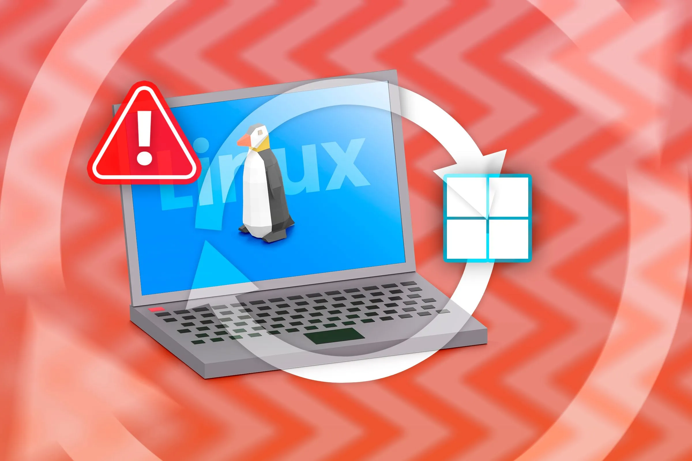 Hình ảnh biểu tượng laptop, logo Linux và Windows cạnh nhau với biểu tượng hoán đổi và dấu cảnh báo ở giữa, thể hiện vấn đề khi chuyển đổi giữa hai hệ điều hành trong dual boot.