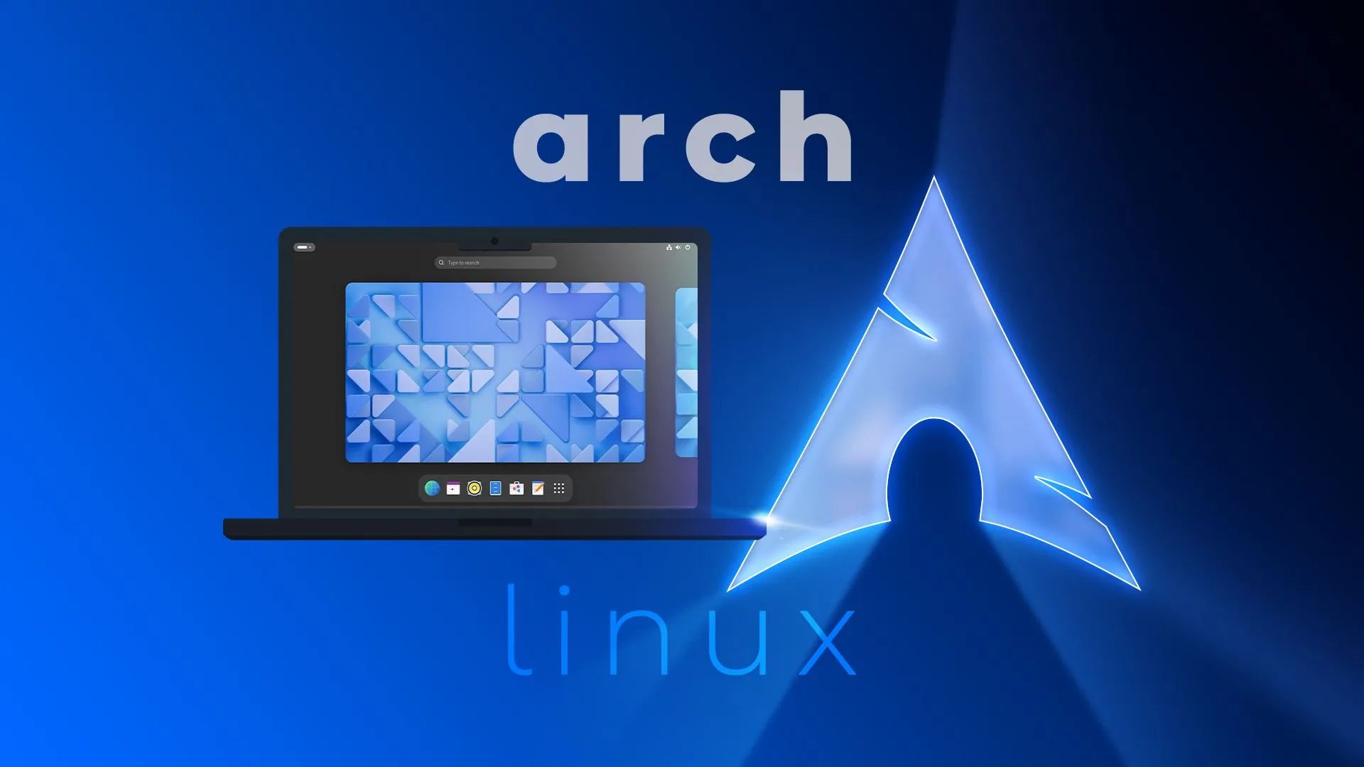 Hình ảnh minh họa máy tính xách tay chạy Arch Linux cùng logo Arch Linux ở bên cạnh