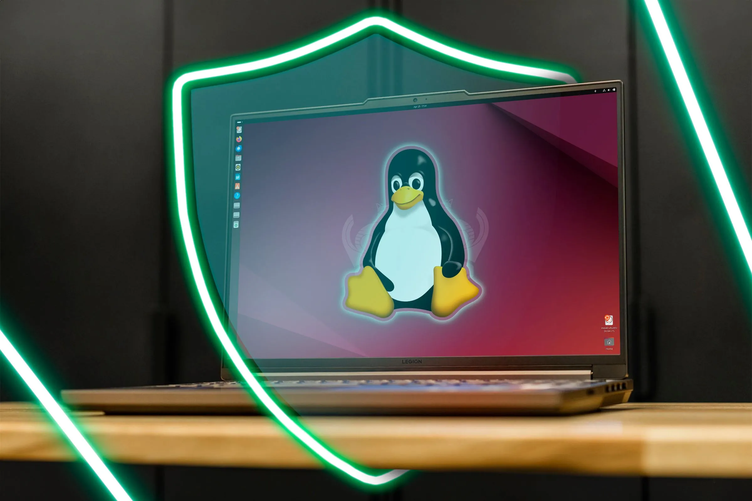 Hình ảnh một chiếc laptop đang chạy Ubuntu với biểu tượng lá chắn bao quanh, tượng trưng cho tính bảo mật của hệ điều hành Linux.