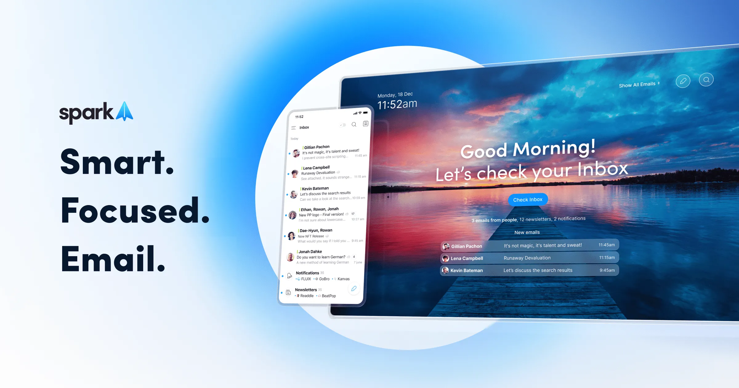 Hình ảnh tiếp thị ứng dụng email Spark, minh họa giao diện gọn gàng trên cả thiết bị di động và máy tính để bàn macOS, với các tính năng cộng tác.