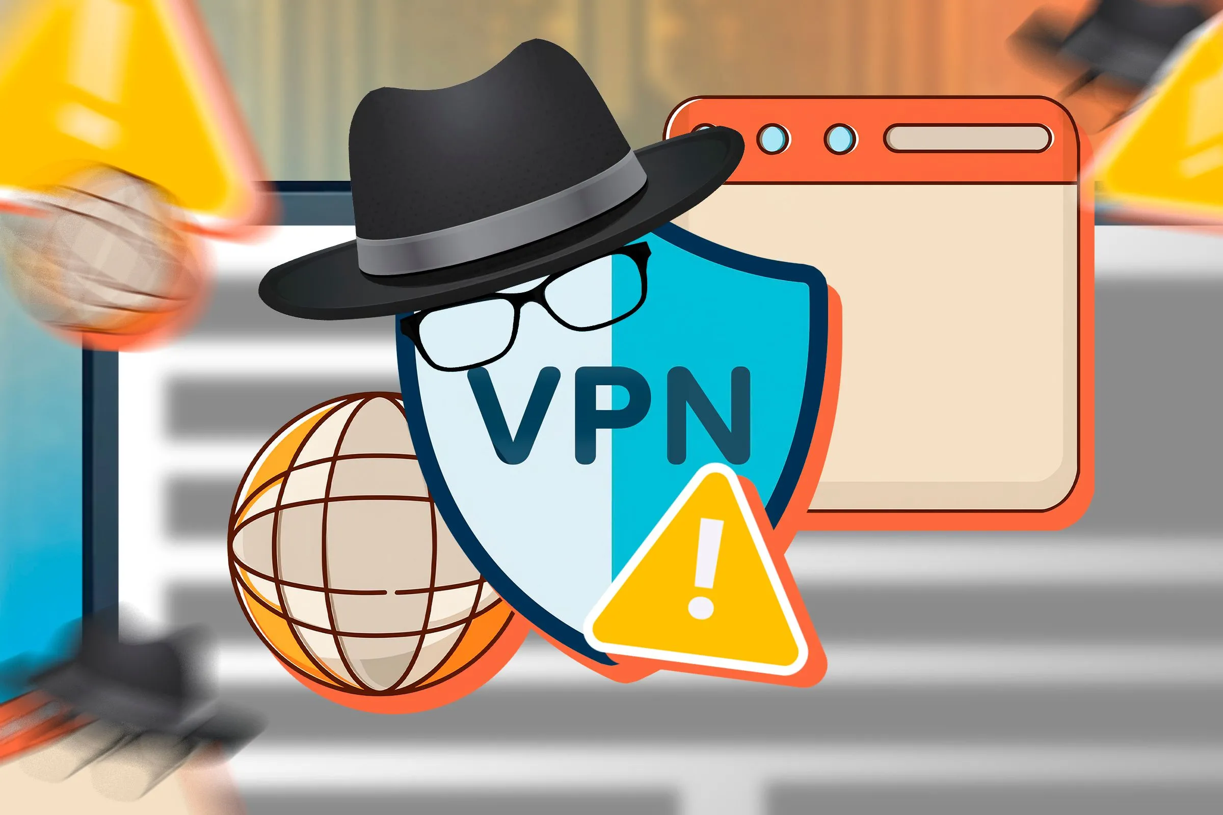 Hình minh họa biểu tượng VPN, trình duyệt và dấu hiệu cảnh báo bảo mật