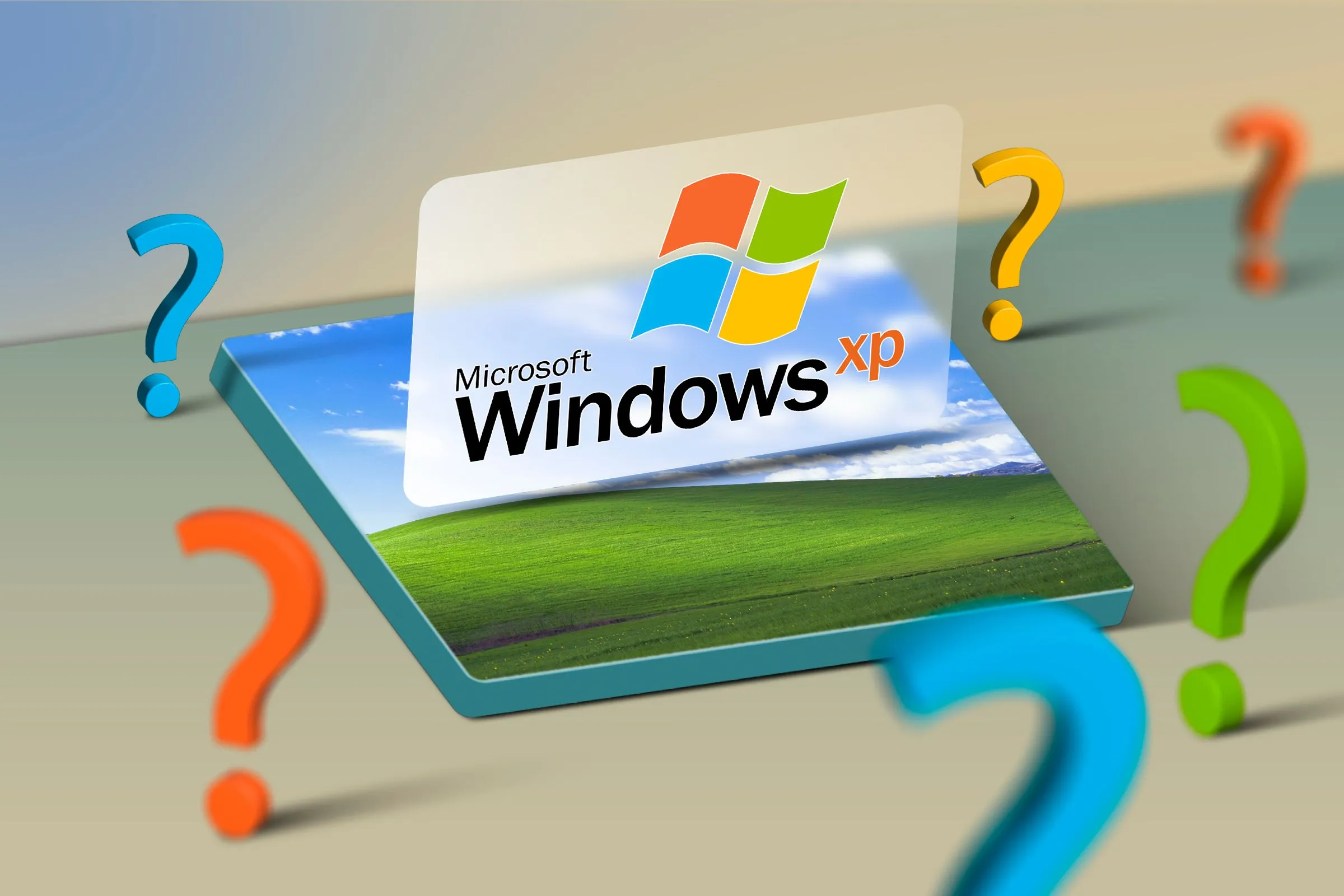 Hình nền mặc định của Windows XP với logo và dấu hỏi, biểu thị sự thay đổi lớn từ XP sang Windows Vista Aero
