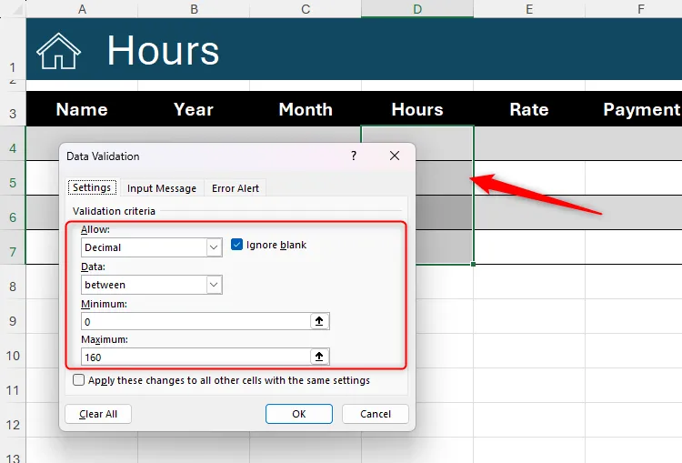 Hộp thoại Data Validation trong Microsoft Excel, với đầu vào bị giới hạn là một số thập phân từ 0 đến 160