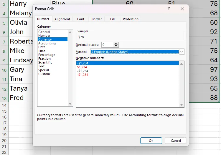 Hộp thoại Định dạng ô trong Excel với tùy chọn Tiền tệ được chọn, điều chỉnh cài đặt thập phân và ký hiệu