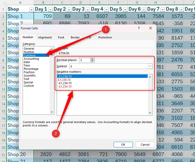 Hộp thoại Format Cells của Excel, hiển thị các tùy chọn tùy chỉnh như số thập phân, ký hiệu và cách hiển thị số âm cho định dạng Currency.