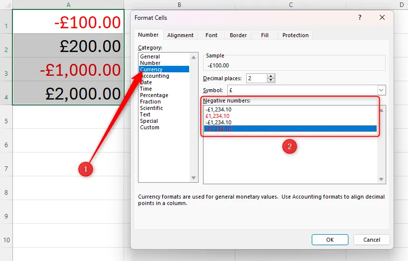 Hộp thoại Format Cells trong Excel, hiển thị các tùy chọn định dạng số âm cho định dạng Currency.