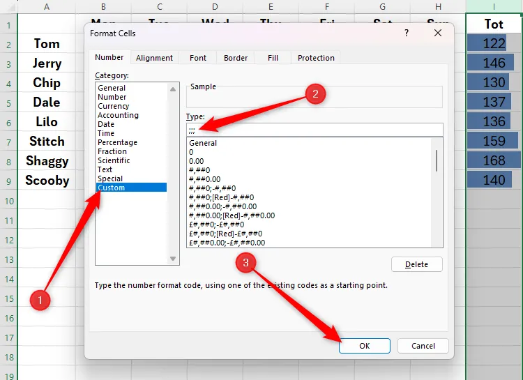 Hộp thoại Format Cells trong Excel hiển thị tùy chọn Custom, nhập ba dấu chấm phẩy để ẩn giá trị số