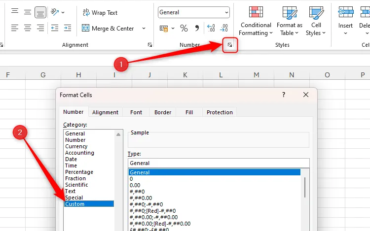 Hộp thoại Format Cells trong Excel, hiển thị tùy chọn Custom number format được chọn để tạo định dạng số tùy chỉnh.