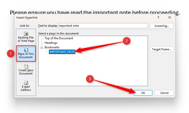 Hộp thoại Insert Hyperlink trong Word, cho phép tạo siêu liên kết đến một dấu trang nội bộ đã có sẵn