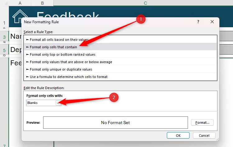 Hộp thoại New Formatting Rule trong Microsoft Excel, với tùy chọn 'Format Only Cells That Contain' và 'Blanks' được chọn để định dạng ô trống