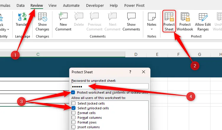 Hộp thoại Protect Sheet trong Excel với các tùy chọn 'Select Unlocked Cells' và 'Protect Worksheet And Contents Of Locked Cells' được chọn cùng mật khẩu đã nhập