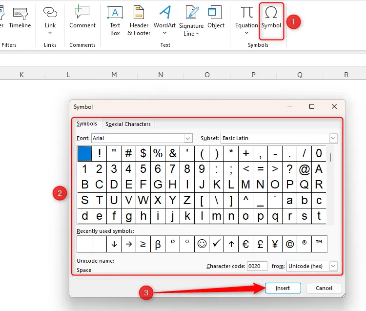 Hộp thoại Symbol trong Microsoft Excel, dùng để tìm và chèn các ký hiệu đặc biệt vào bảng tính.