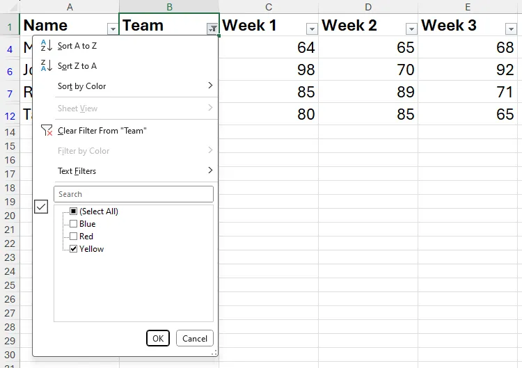Hộp thoại tùy chọn bộ lọc cho cột B trong Excel, hiển thị các lựa chọn lọc dữ liệu