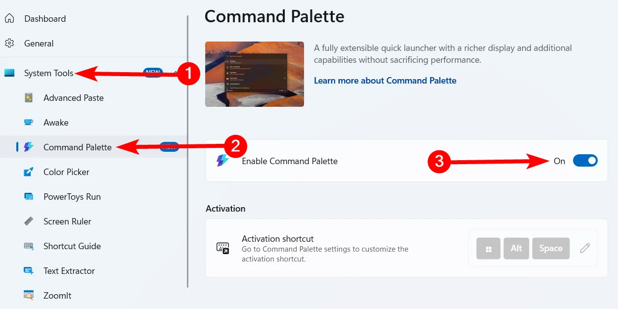 Hướng dẫn bật Command Palette trong cài đặt PowerToys trên Windows