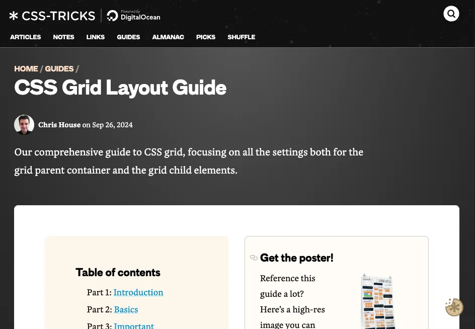 Hướng dẫn bố cục CSS Grid được mô tả là cẩm nang toàn diện về CSS Grid, tập trung vào các thiết lập cho cả container cha và các phần tử con của grid.