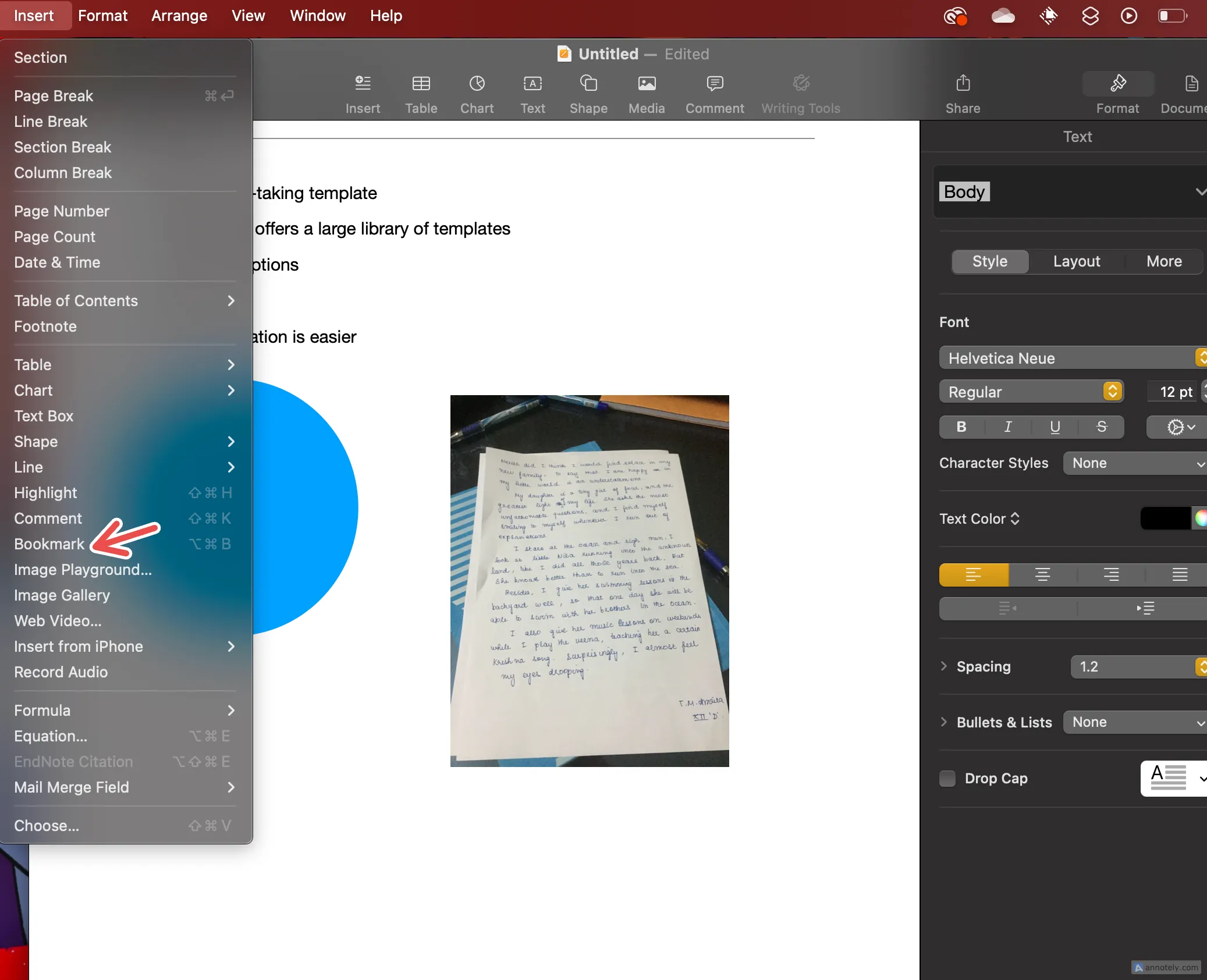 Hướng dẫn chi tiết cách thêm Bookmark vào tài liệu Pages thông qua menu Insert trên macOS.