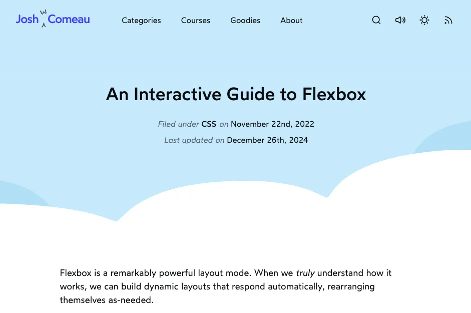 Hướng dẫn tương tác về Flexbox cho biết lần cập nhật gần nhất vào tháng 12 năm 2024 và giải thích Flexbox là chế độ bố cục mạnh mẽ, linh hoạt.