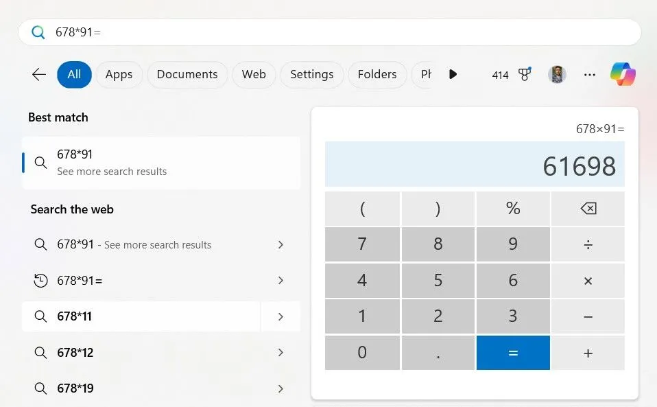 Kết quả phép tính toán học hiển thị trực tiếp trong menu Start của Windows 11 sau khi nhập biểu thức.