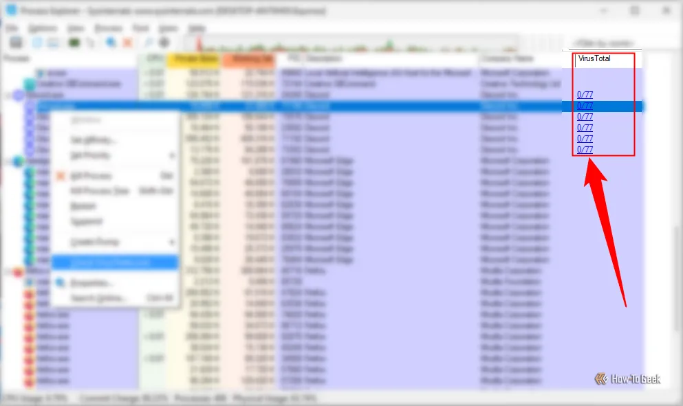 Kết quả quét từ VirusTotal hiển thị trong Process Explorer, xác nhận rằng Discord.exe là một ứng dụng an toàn và không bị phát hiện là mã độc.