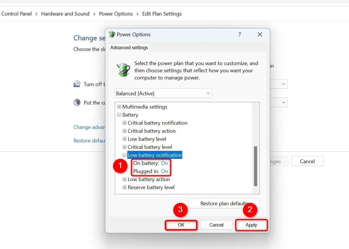 Kích hoạt thông báo pin yếu trong Tùy chọn nguồn trên Windows 11