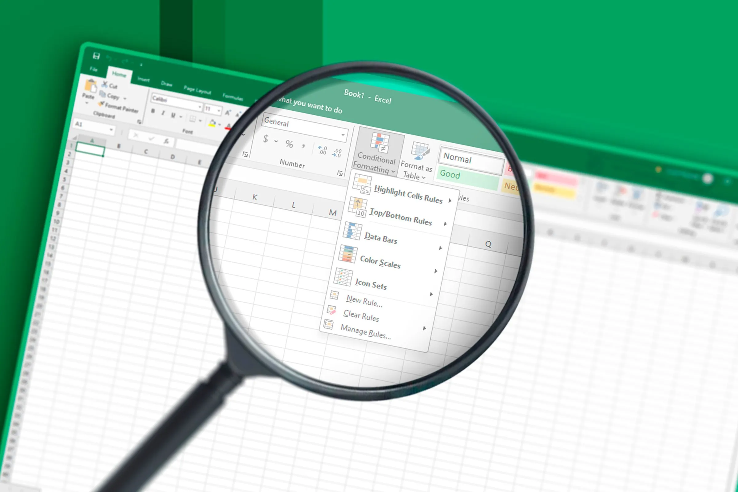 Kính lúp phóng to hiển thị các tùy chọn Định dạng có điều kiện (Conditional Formatting) trong Excel