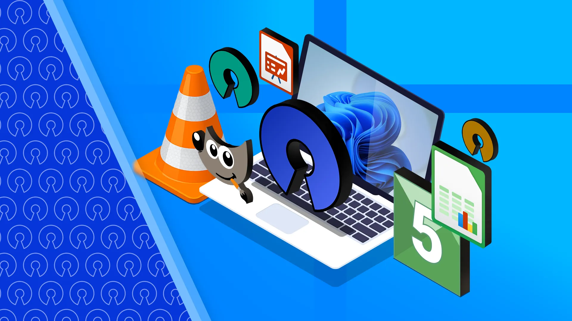 Laptop Windows 11 cùng các logo ứng dụng mã nguồn mở như Firefox, VLC, GIMP, LibreOffice, thể hiện sự chuyển đổi sang phần mềm mã nguồn mở