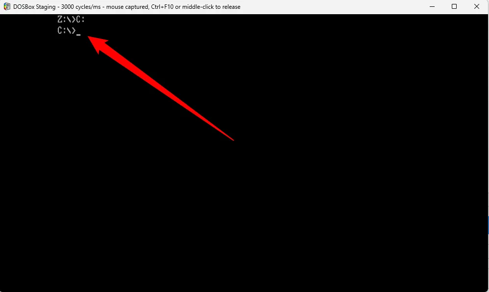 Lệnh C: được nhập vào DOSBox Staging để chuyển đổi ổ đĩa từ Z: sang C: ảo