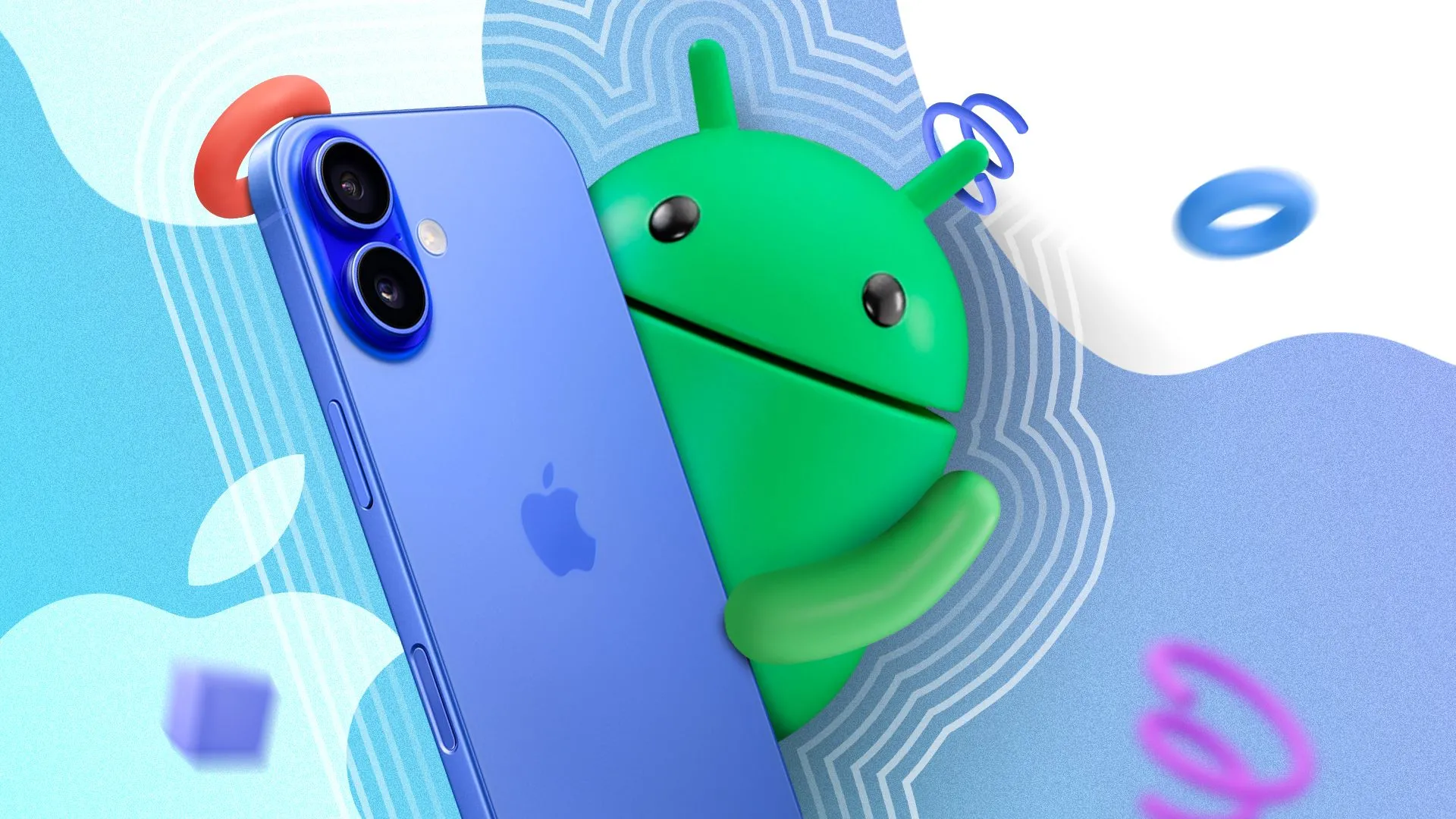 Linh vật Android vui vẻ ôm một chiếc iPhone 16 màu hồng, biểu tượng cho sự cạnh tranh và ảnh hưởng lẫn nhau giữa các hệ điều hành