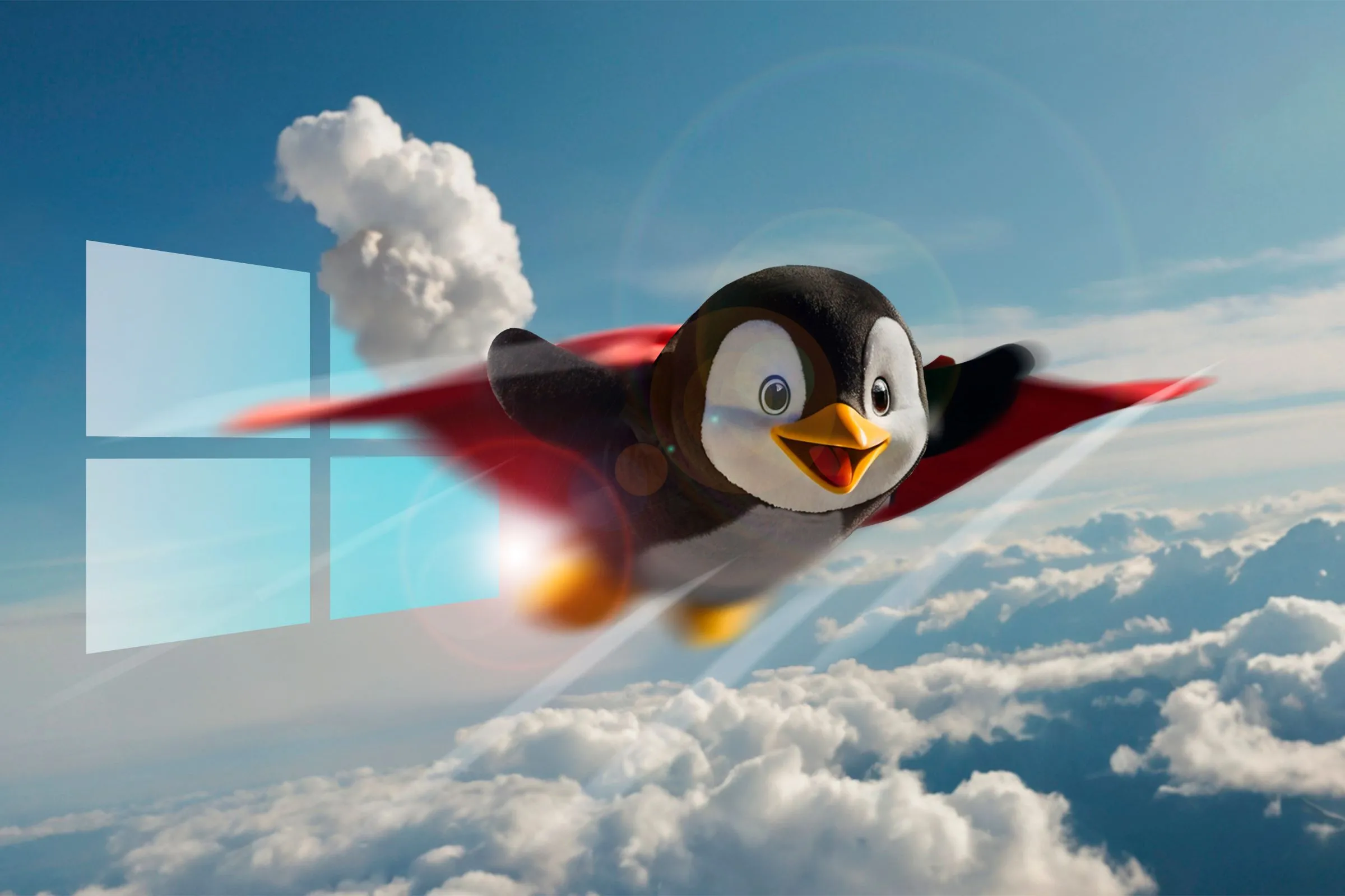 Linh vật chim cánh cụt Linux đang bay lượn vui vẻ trên những đám mây, với logo Windows mờ dần phía sau, minh họa sự ưu tiên của người dùng đối với một hệ điều hành.