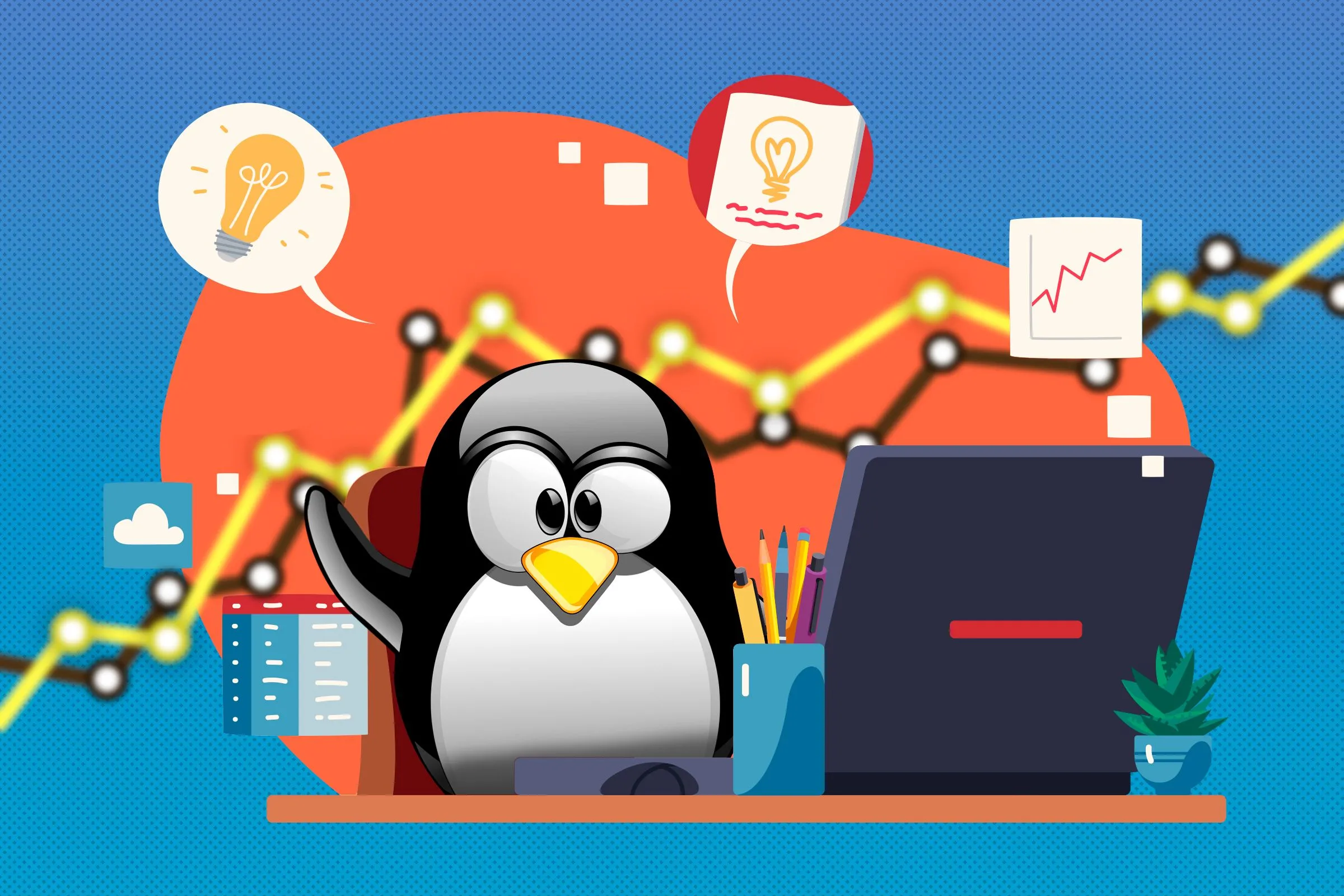 Linh vật Tux của Linux ngồi làm việc trên bàn với các biểu tượng ứng dụng năng suất, nhấn mạnh khả năng tùy biến và hiệu quả của Linux trong công việc.