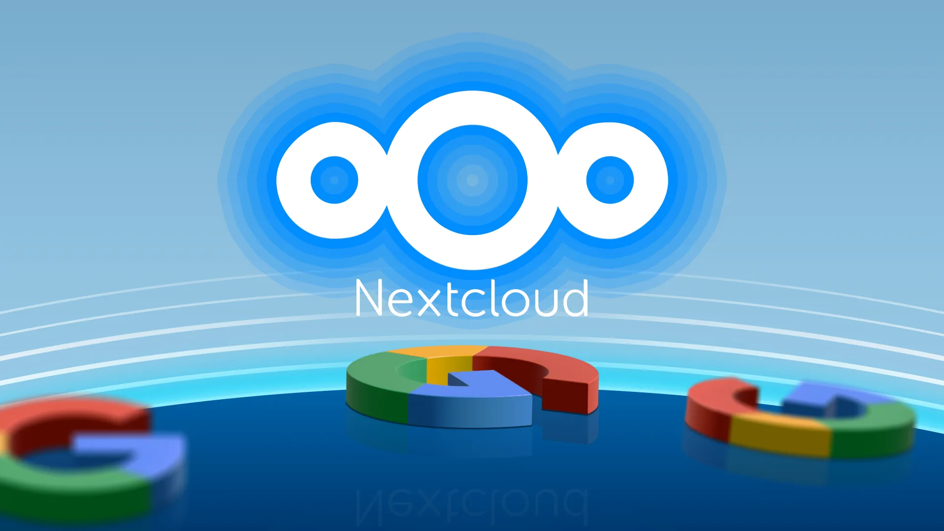 Logo Nextcloud lớn nổi bật, xung quanh là các logo Google nhỏ nằm rải rác trên sàn, tượng trưng cho việc thay thế các dịch vụ đám mây của Google.