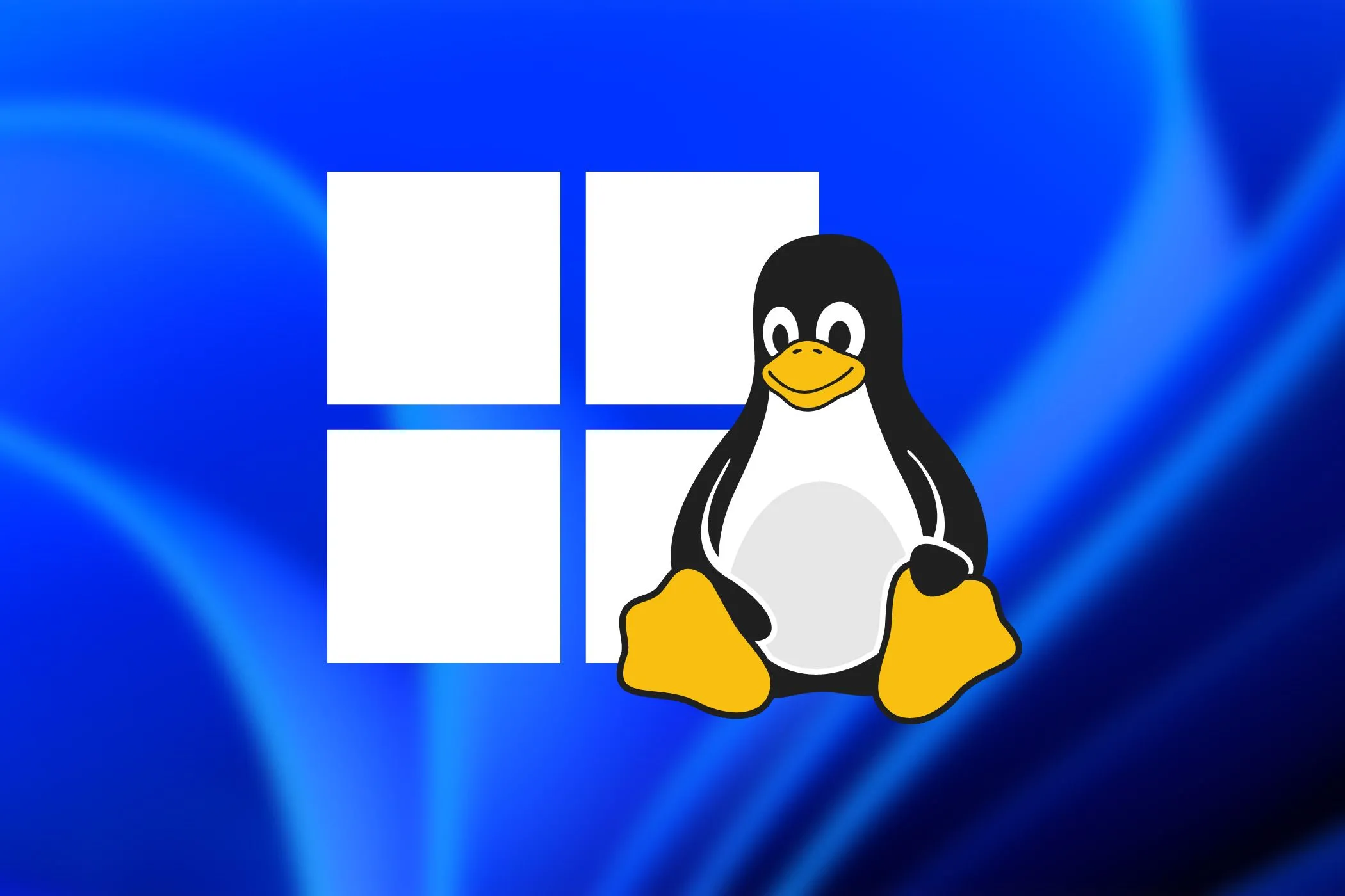 Logo Windows và biểu tượng chim cánh cụt Tux của Linux đặt cạnh nhau trên nền xanh, tượng trưng cho sự kết hợp của hai hệ điều hành trên một máy tính.