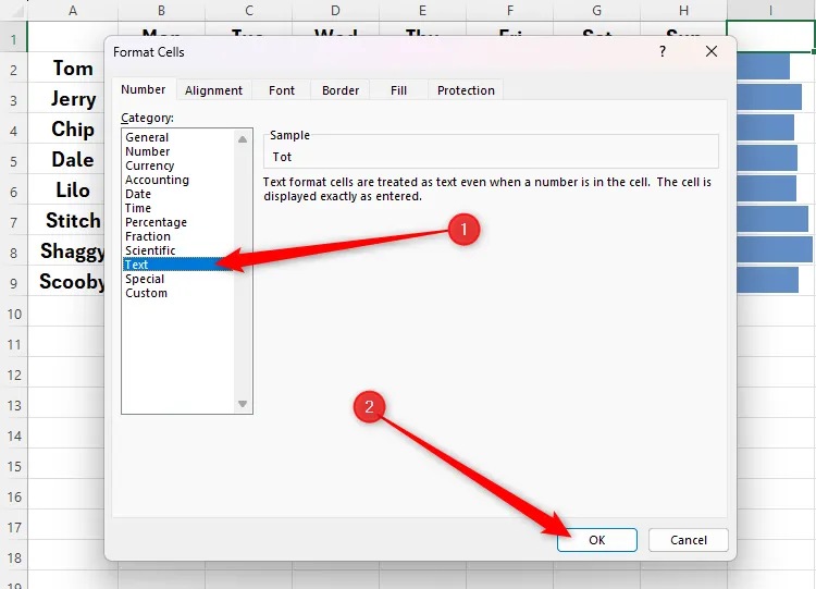 Lựa chọn định dạng Text trong hộp thoại Format Cells để hiển thị lại tiêu đề cột trong Excel
