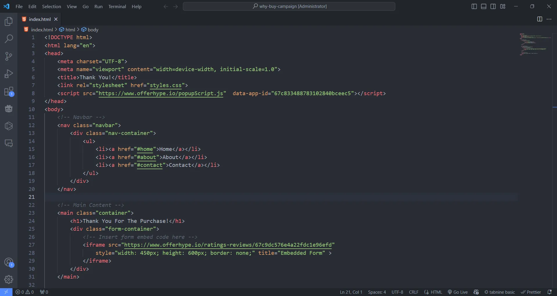 Mã HTML được hiển thị trong Visual Studio Code trên macOS, minh họa khả năng chỉnh sửa văn bản và code chuyên nghiệp của IDE.