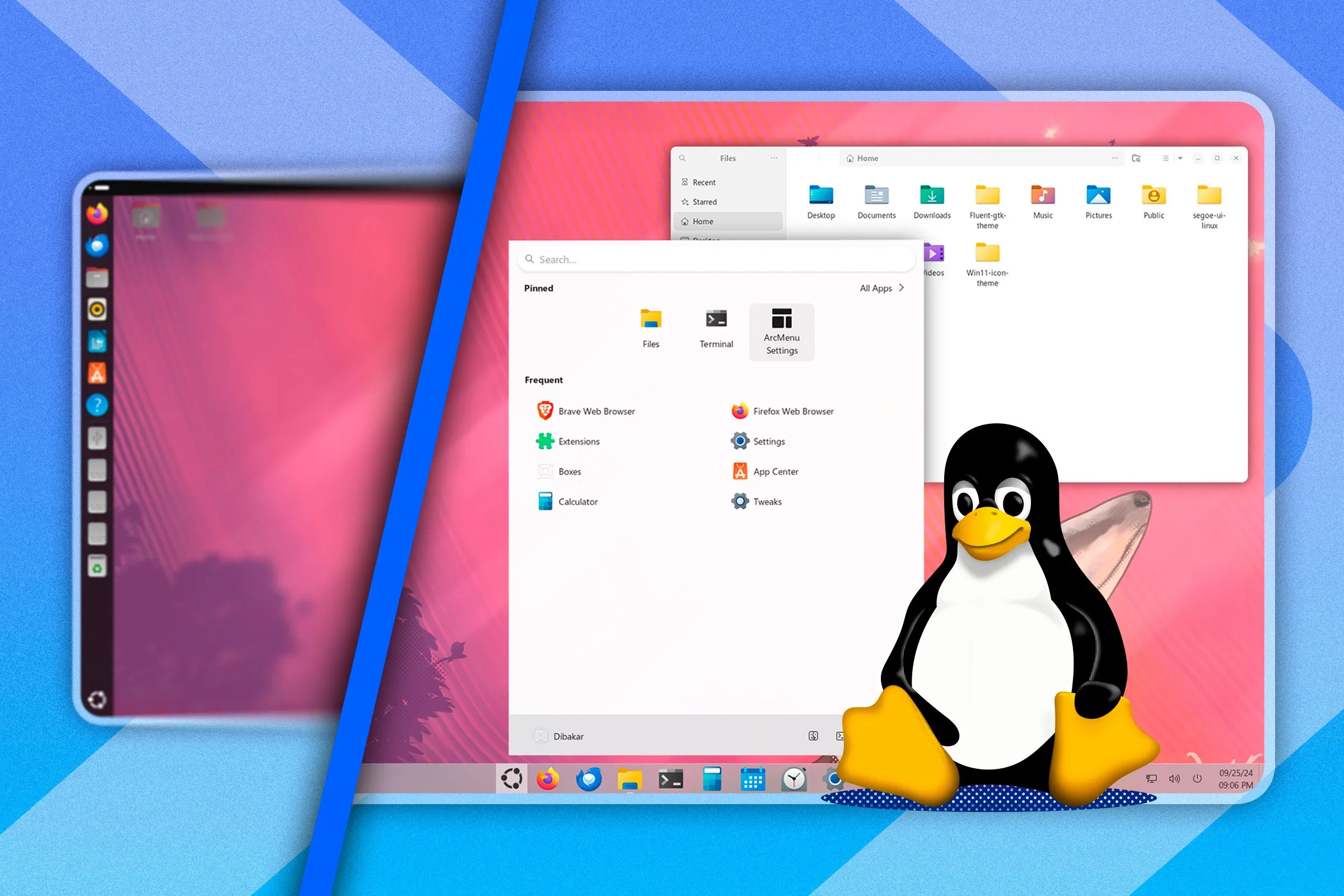 Màn hình chia đôi hiển thị Ubuntu tiêu chuẩn và phiên bản Ubuntu đã được tùy chỉnh, cùng linh vật Tux, thể hiện khả năng cá nhân hóa môi trường desktop Linux.