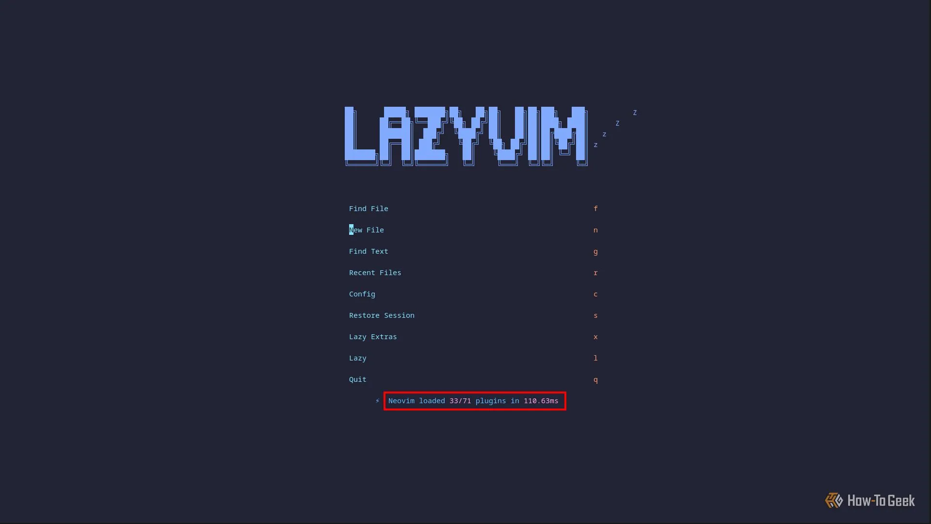 Màn hình chính mặc định của LazyVim trong Neovim, hiển thị thống kê thời gian khởi động nhanh chỉ 110ms