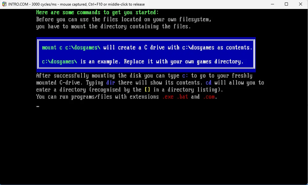 Màn hình DOSBox Staging hiển thị lệnh mount c c:dos, thiết lập thư mục ảo để chứa game DOS