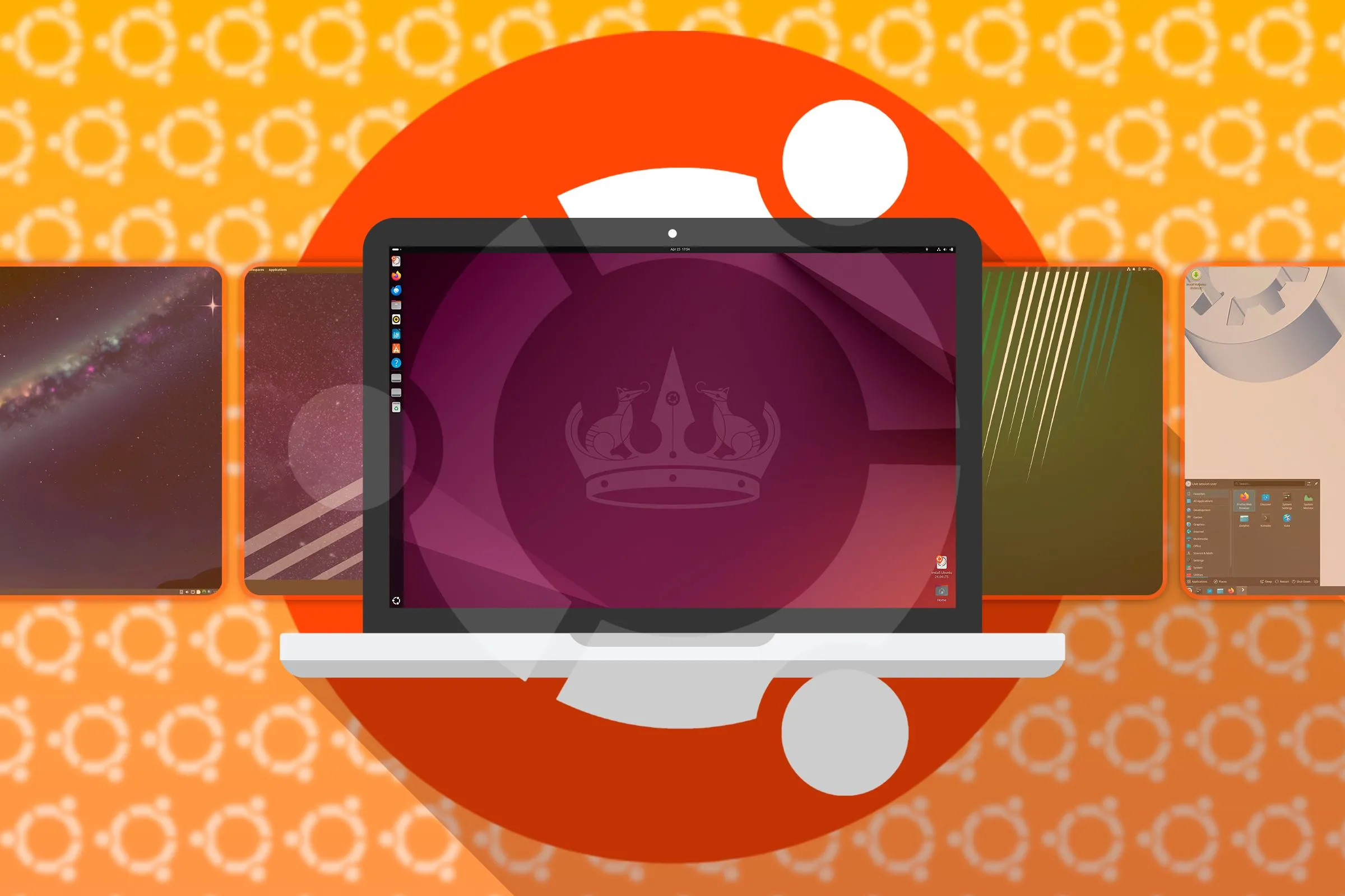 Màn hình laptop hiển thị Ubuntu, phía sau là các bản phân phối Linux dựa trên Ubuntu, minh họa mối quan hệ kế thừa và tùy biến.