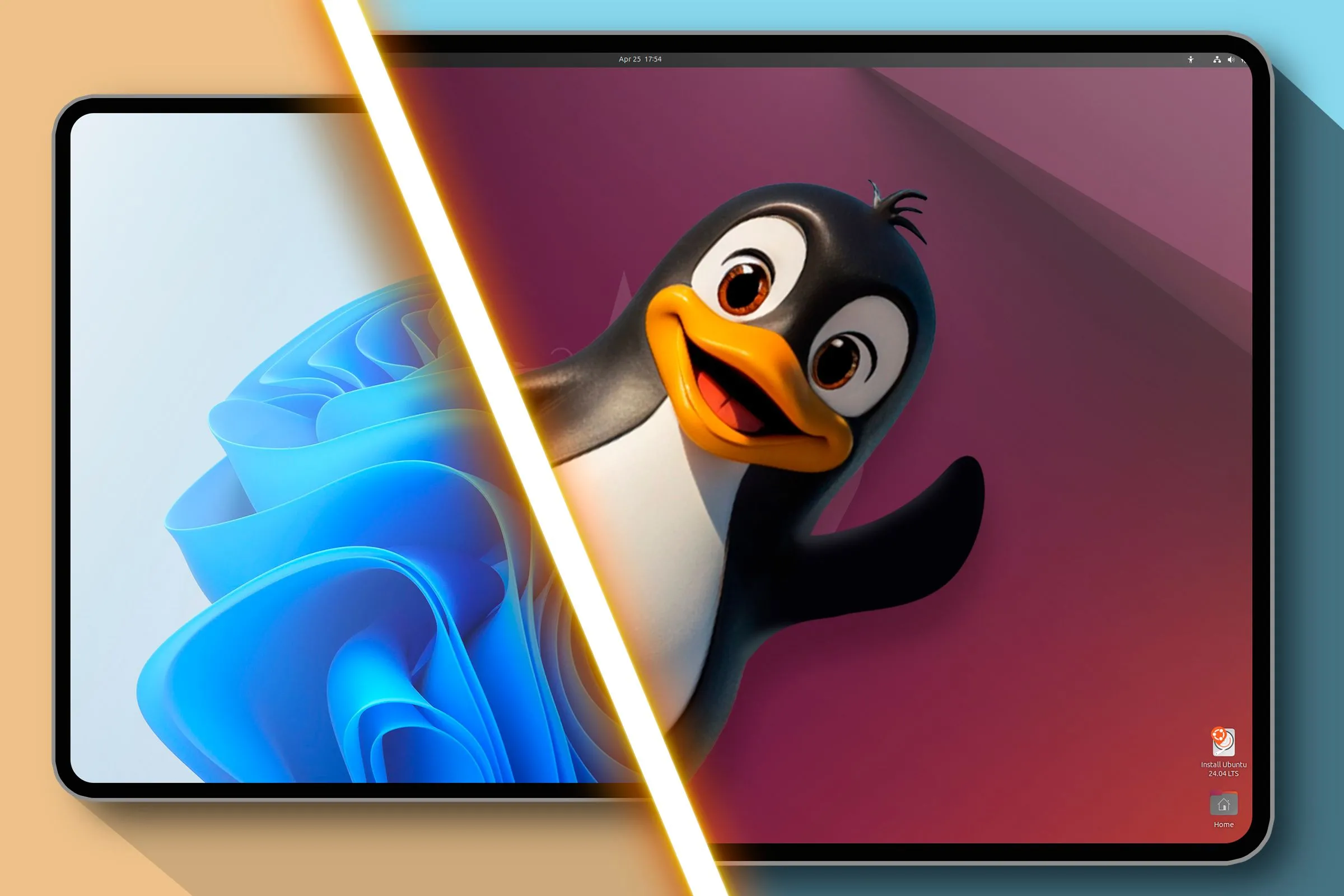 Màn hình máy tính chia đôi hiển thị Windows 11 ở bên trái và biểu tượng chim cánh cụt Tux của Linux ở bên phải, minh họa cho hệ thống dual boot.
