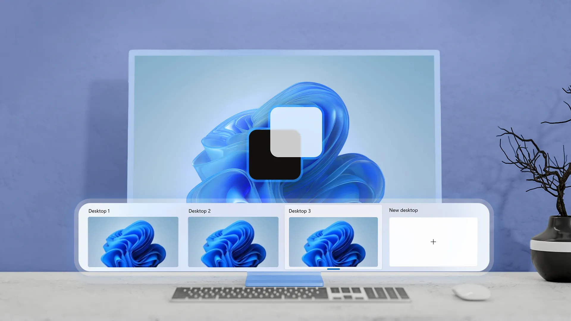 Màn hình máy tính hiển thị giao diện Windows 11 với các bản xem trước desktop ảo, minh chứng cho sự trở lại của các yếu tố thiết kế Aero