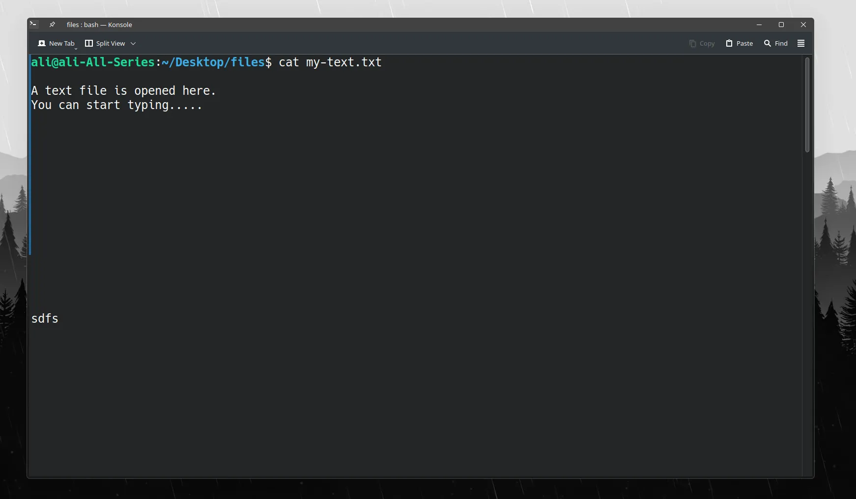 Màn hình Terminal Linux hiển thị kết quả của lệnh 'cat' dùng để mở và xem nội dung một file văn bản