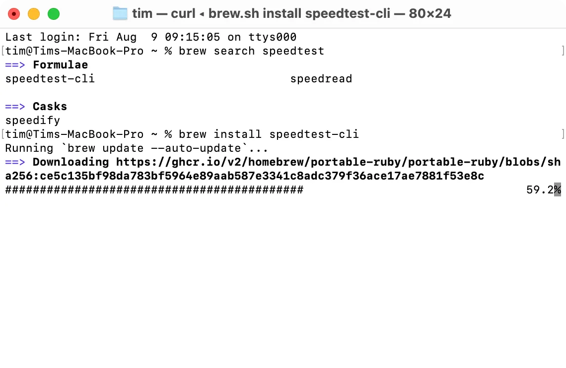 Màn hình Terminal trên macOS hiển thị quá trình cài đặt tiện ích dòng lệnh bằng Homebrew, công cụ quản lý gói phổ biến.