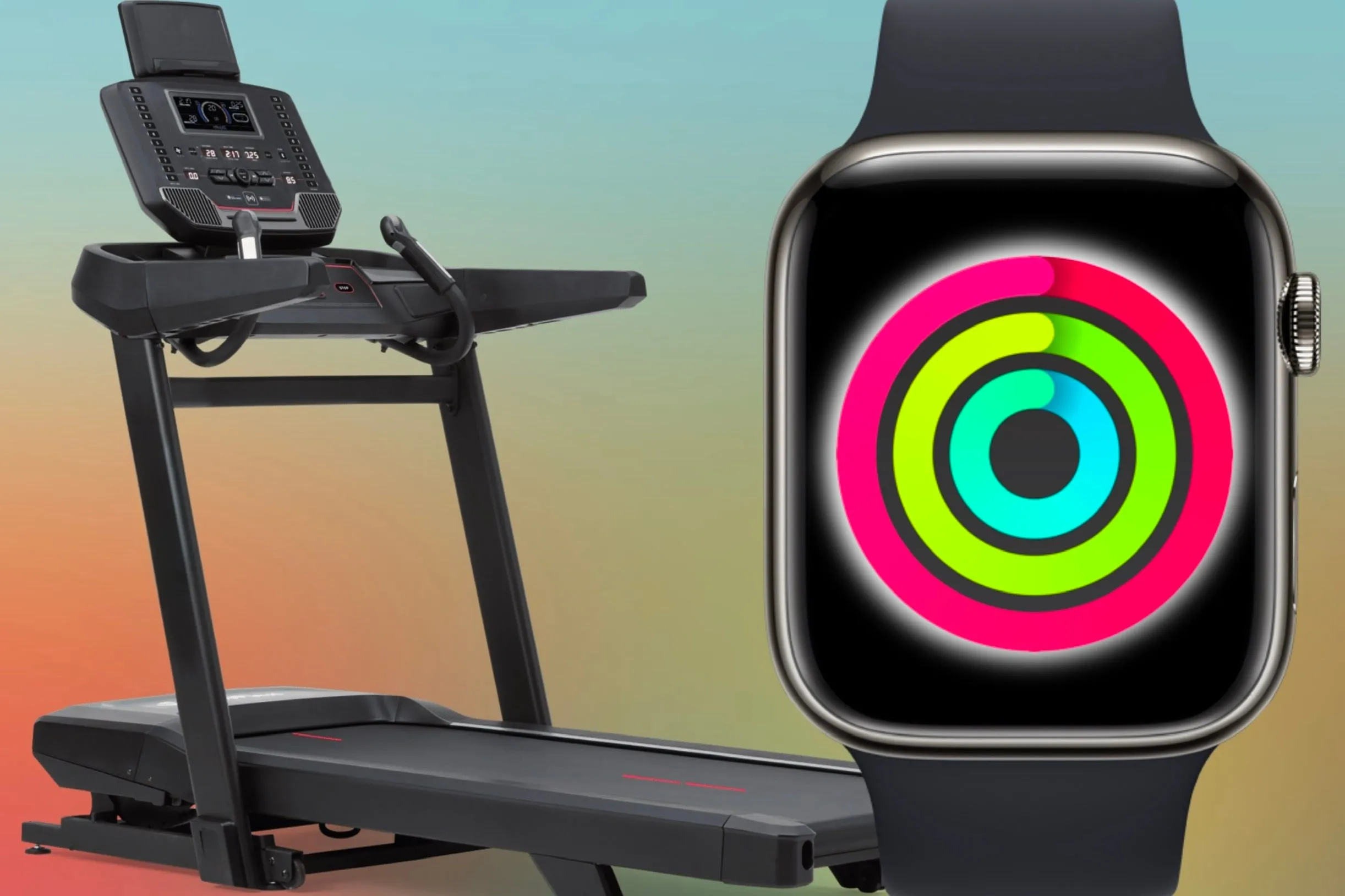 Máy chạy bộ hiện đại kết nối Apple Watch, hiển thị các vòng Hoạt động đã hoàn thành