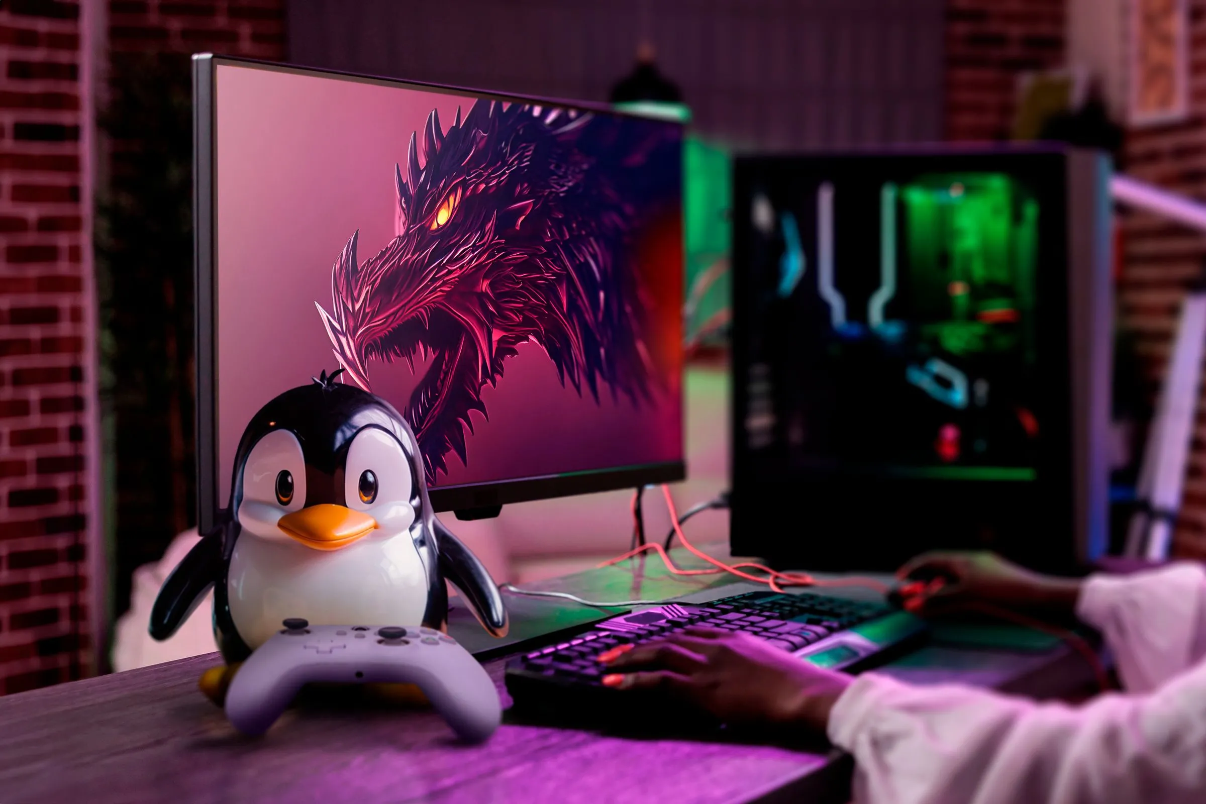 Máy tính chơi game hiển thị Garuda Linux trên màn hình với linh vật Tux cầm tay cầm bên cạnh