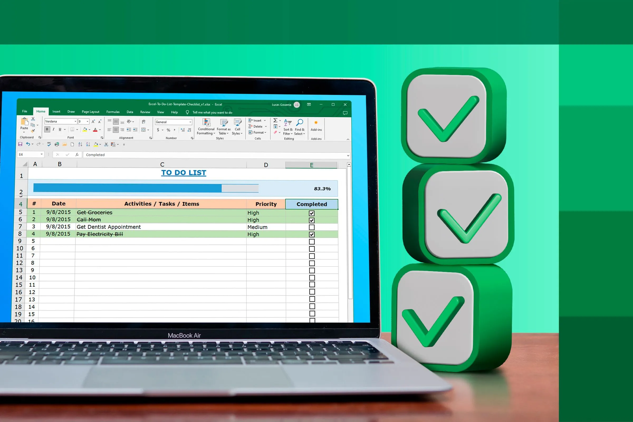 Máy tính MacBook hiển thị bảng tính Excel với các ô kiểm bên cạnh, dùng để theo dõi tiến độ công việc