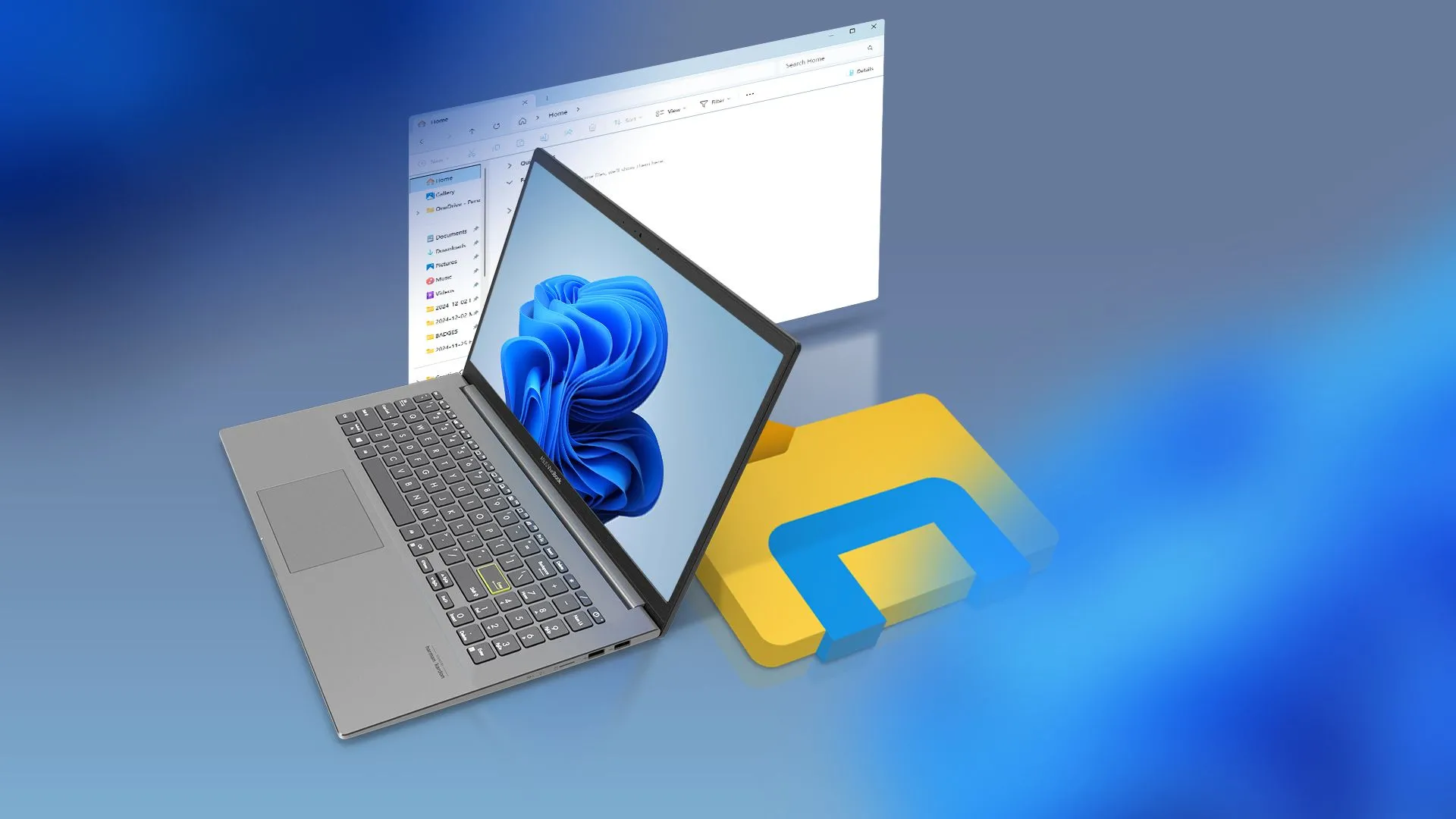 Máy tính xách tay chạy Windows 11 với biểu tượng File Explorer, so sánh các công cụ nén