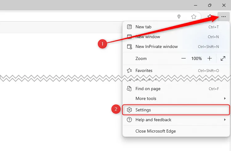 Menu ba chấm trong Microsoft Edge được mở rộng, chọn tùy chọn Cài đặt.